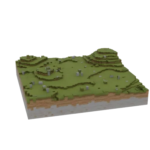 A 3D rendered voxel-style diorama of a rolling green landscape with layered earth strata visible in a cross-section.
