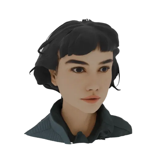 3D model of a stylized short black bob hairstyle with a fringe, presented against a white background.