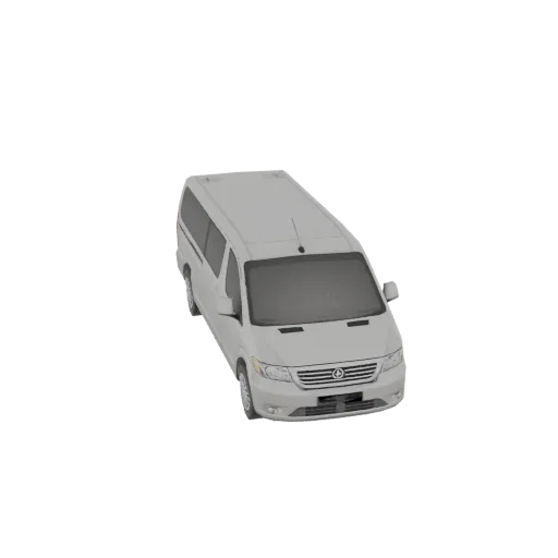 3D model of a white passenger van, viewed from a slightly elevated angle, showcasing its exterior design.