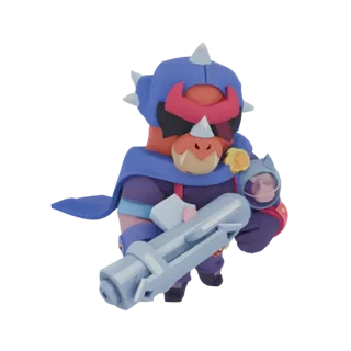 3D model of a spiked warrior character with a blue cape and a futuristic blaster, presented on a white background.