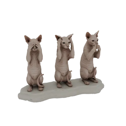 3D model of three Sphynx cats in the 'see no evil, hear no evil, speak no evil' pose, standing on a grey base.