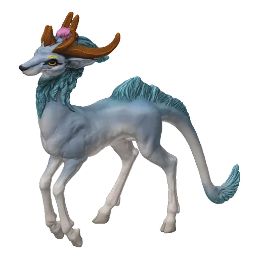 A 3D render of a fantasy ice deer with golden antlers, a blue mane, and a white coat, standing on a white background.