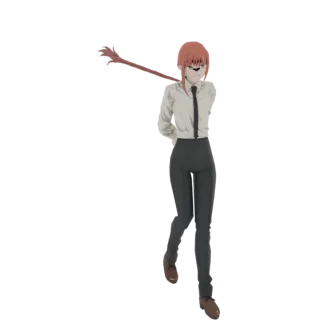 3D model of Makima from Chainsaw Man, wearing a white shirt and black tie, with red hair in a braid.