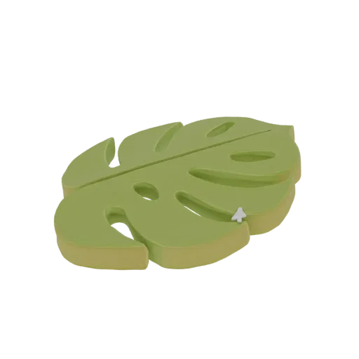 3D render of a green Monstera leaf-shaped coaster with a small white tree on its surface, set against a black background.
