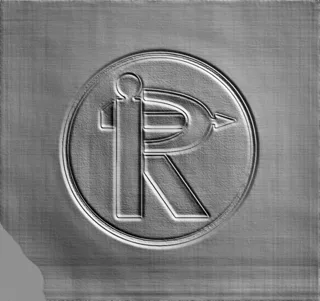 3D model of a bas-relief with the IR monogram in a circle, rendered in a metallic style.