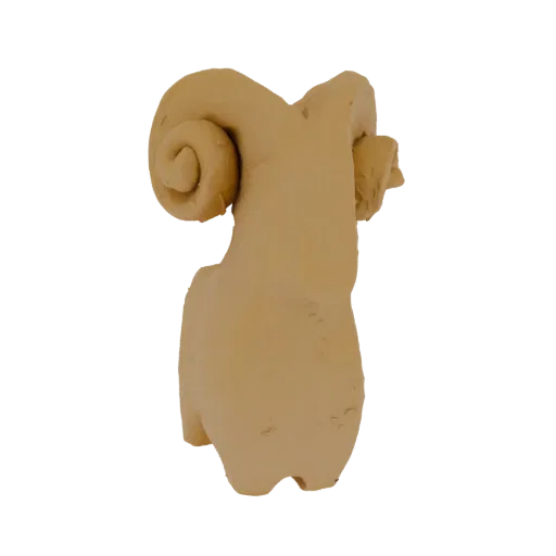 3D model render of a stylized ram figurine with curled horns, appearing to be made of clay.