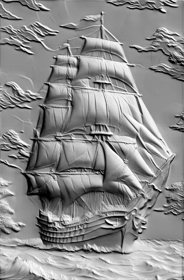3D model of a sailing ship bas-relief, sailing through waves.