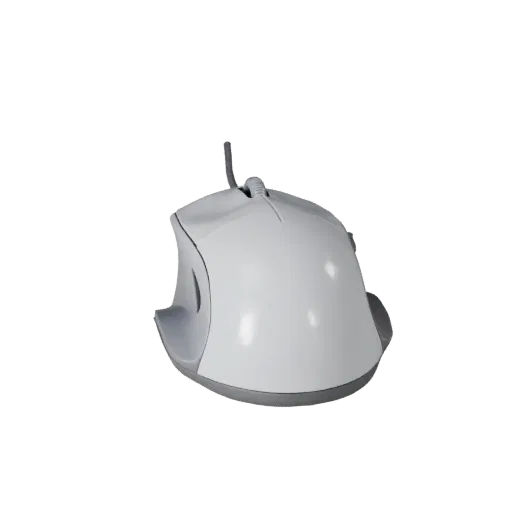 Ergonomic Mouse 3D model, three-quarter front view, AR viewer studio render, showing plastic shells, desktop scale.