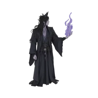 3D model of a mysterious sorcerer in dark robes, holding a glowing purple flame in their outstretched hand, with pointed ears