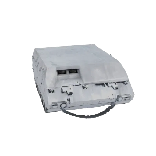 Modelo 3D de un vehículo blindado de personal futurista con un diseño metálico gris y angular y orugas visibles.