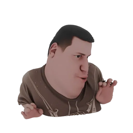 3D model of a stylized cartoon man with a large head and brown t-shirt, looking to the side with hands raised.