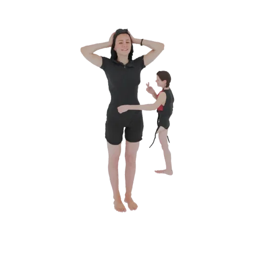 Modello 3D di donna in muta nera con mani sulla testa, accanto a una figura compagna più piccola.
