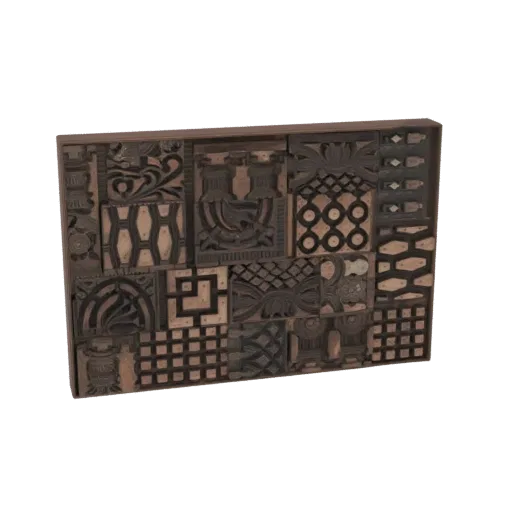 3D model of a rectangular wooden panel filled with various intricate, carved decorative patterns, presented against a white b