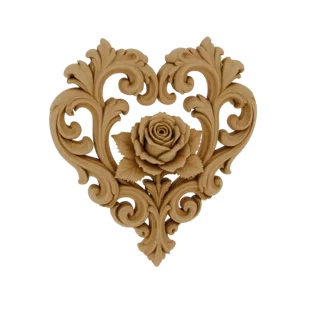 Modello 3D di intaglio in legno a forma di cuore con una rosa dettagliata al centro e ornamenti sui bordi.