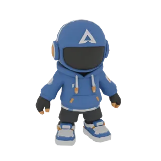 Un rendering 3D di un personaggio stilizzato che indossa una felpa blu a tema astronauta, casco e sneakers, in piedi su uno s