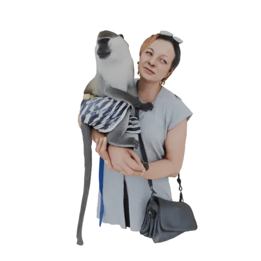 3D model of a woman holding a monkey wearing a striped diaper, with a gentle expression