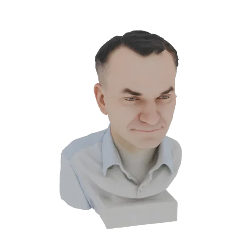 3D model render of a realistic bust of a middle-aged man with short dark hair, wearing a light blue shirt.