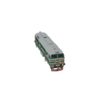 3D-Modell einer grünen Diesellokomotive, aus leicht erhöhter Perspektive, vor weißem Hintergrund.