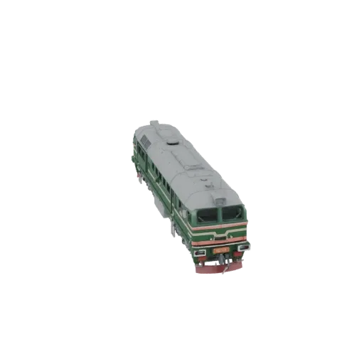 Modelo 3D de locomotiva diesel verde, visto de um ângulo ligeiramente elevado, contra um fundo branco.