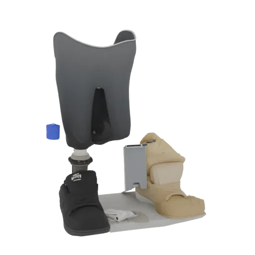 3D model of a prosthetic leg assembly, showing a grey socket, beige liner, black shoe, and a blue component, laid out for ass