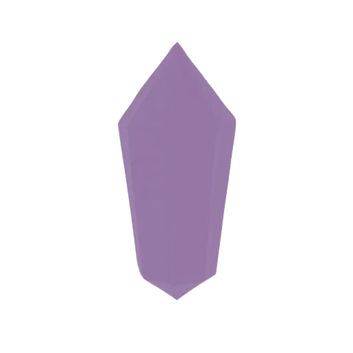 A 3D render of a faceted, elongated purple crystal shard with sharp edges and a pointed tip, isolated on a white background.