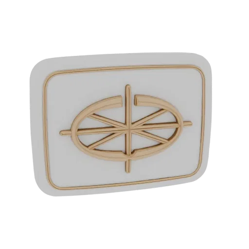 A 3D render of a golden Chi Rho emblem centered on a white plaque with a golden border, presented against a black background.