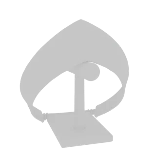 A 3D render of a white, futuristic visor headband displayed on a minimalist stand.