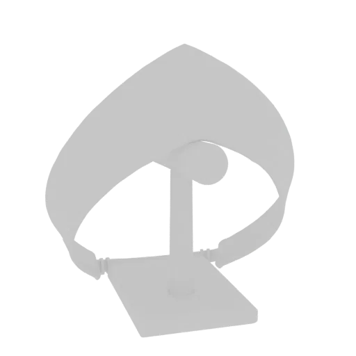 A 3D render of a white, futuristic visor headband displayed on a minimalist stand.