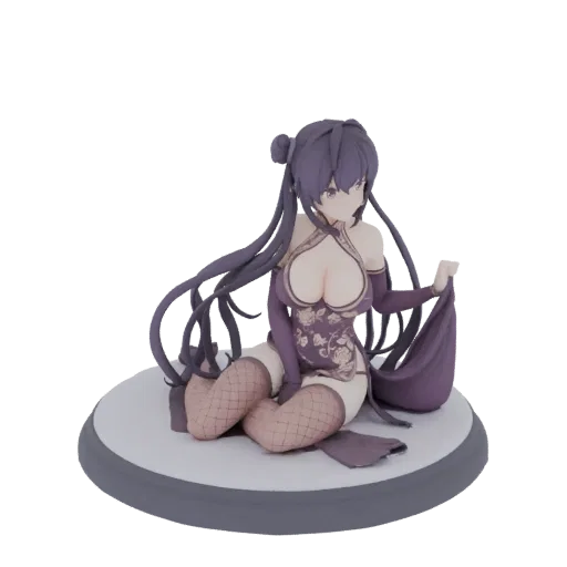 3D model of a purple-haired anime girl in a purple floral cheongsam, sitting on a grey base.