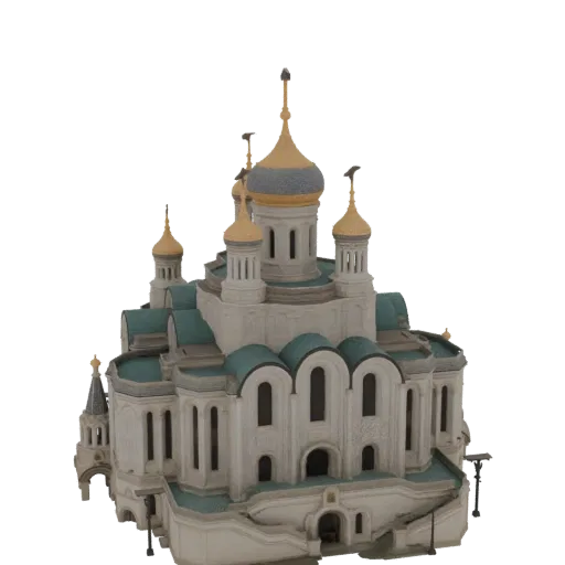 3D model of a white Orthodox church with multiple golden onion domes and teal roofs, set against a black background.