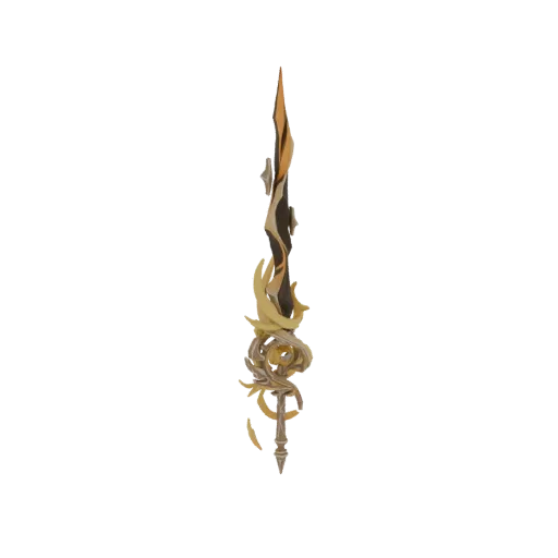 3D model of an ornate golden sword with a flame-like blade and intricate hilt, presented on a white background.