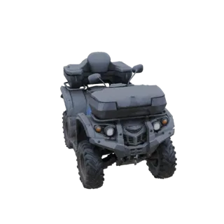 3D model of a dark gray, rugged all-terrain vehicle with large tires and storage boxes.