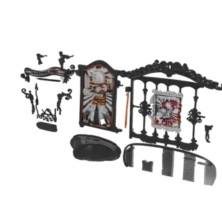 3D model preview of a circus sideshow diorama set with a strongman display and a performer poster, featuring ornate black fra
