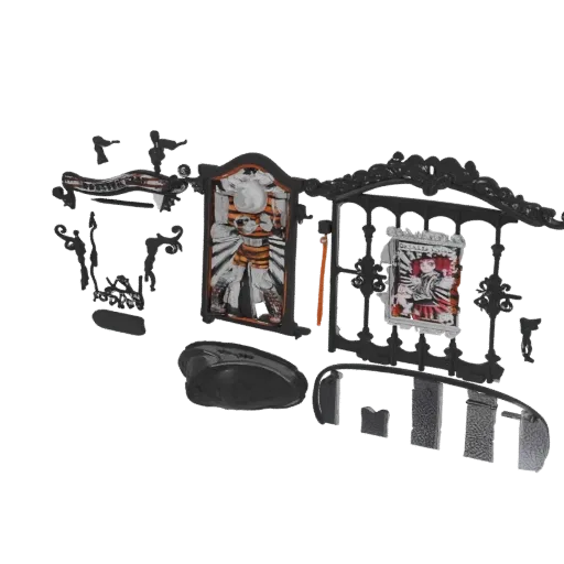 3D-Modell-Vorschau eines Zirkus-Seitenbühnen-Diorama-Sets mit Kraftprotz-Auslage und Performer-Poster, mit verziertem schwarz