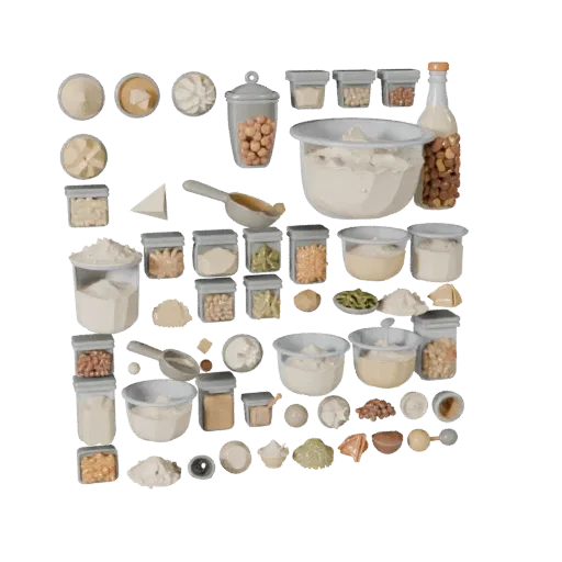 Pantry Flour Bowl 3D model, three-quarter front view, AR viewer studio render, showing powders, small ingredient shapes.