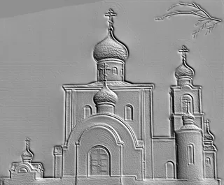 3D model of an Orthodox church bas-relief with domes and crosses, rendered in gray, with detailed architectural work.