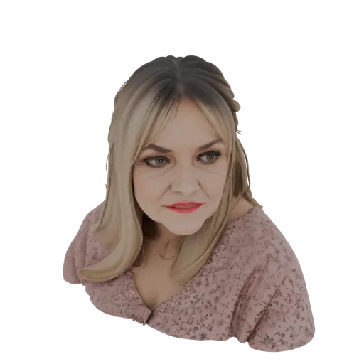 3D render of a woman with blonde hair in a braid, wearing a pink floral dress, looking to the side.