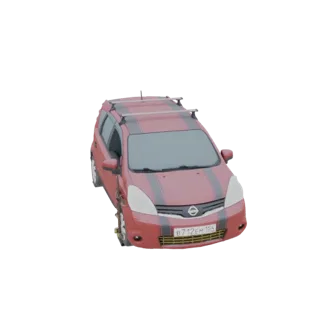 3D model of a red Nissan MPV with black racing stripes and a silver roof rack, viewed from a slightly elevated front-right an