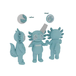 A 3D render of a cute blue axolotl character, shown from multiple angles, with one version wearing a shirt that says 'INVRO'.