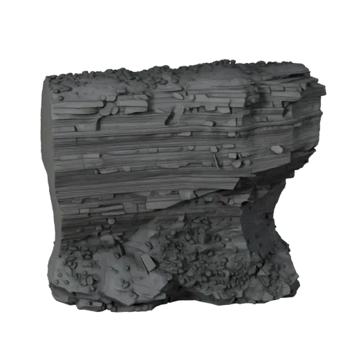Volcanic Obsidian Rocks Realistic 3D model, three-quarter environment render, showing stratified stone, lava channels.