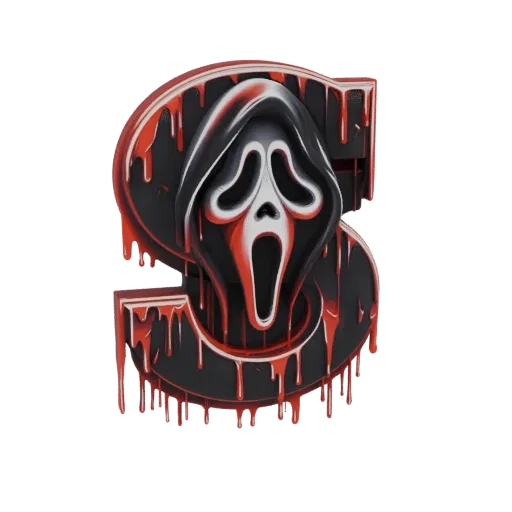 3D model of the Ghostface mask integrated into a black 'S' logo with red blood drips.