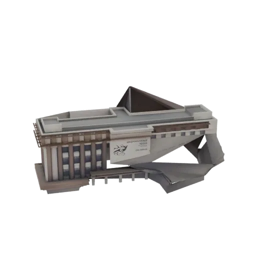 Modelo 3D de edifício abstrato futurista com ângulos agudos, silhueta dinâmica e um símbolo de olho proeminente em sua fachad