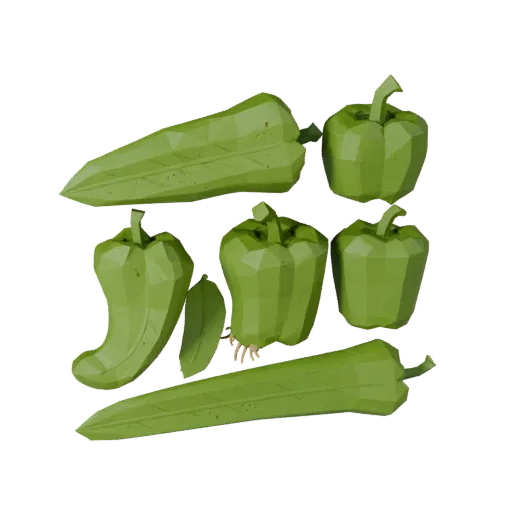 Market Bell Pepper Low Poly 3D model, game viewport three-quarter view, showing leaf veins, clear vegetable silhouettes.