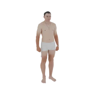 Modelo 3D de un hombre de pie en bóxers blancos, vista frontal, sobre fondo blanco.