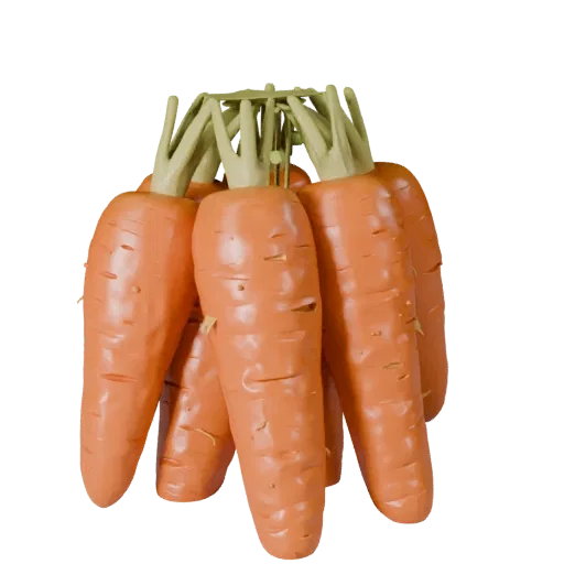 Chopped Carrot Bunch High Poly 3D model, close-up studio render, showing leaf veins, clear vegetable silhouettes.