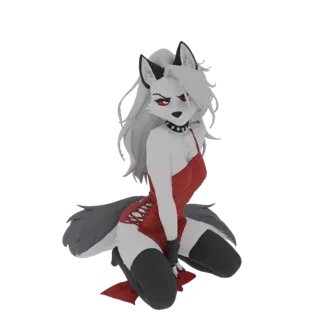 Modelo 3D de Loona, un personaje similar a un lobo blanco con acentos de pelaje gris, vistiendo un vestido rojo y medias negr