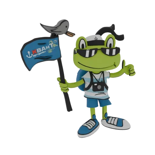 3D model of a green frog character dressed as a tourist, wearing sunglasses and a sailor hat, holding a blue flag.
