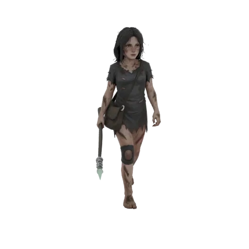 3D model of a young girl in tattered clothes, holding a spear, with dirt smudges on her face and body.