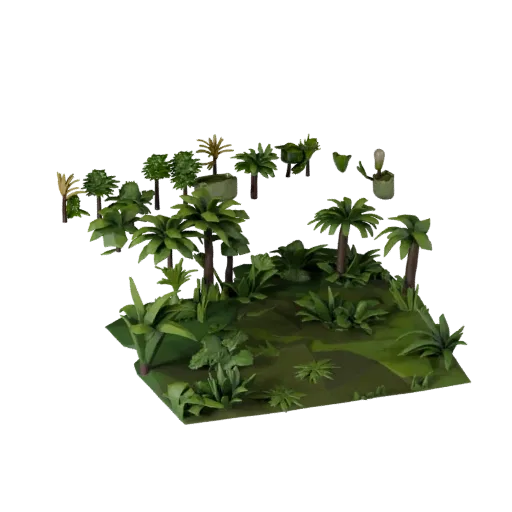 Tropical Jungle Biome Low Poly 3D model, game viewport three-quarter view, showing terrain layers, terrain detail.
