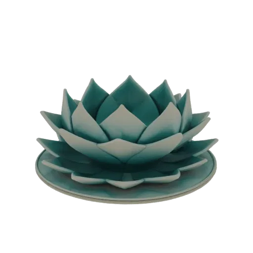 3D model of a teal lotus flower bowl set with layered petals, presented on a black background.